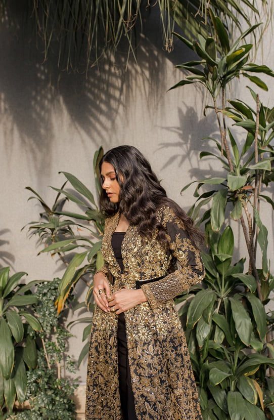 Pakistani Black Embroidered Raw Silk Long Gown (2-Piece) - Image 4