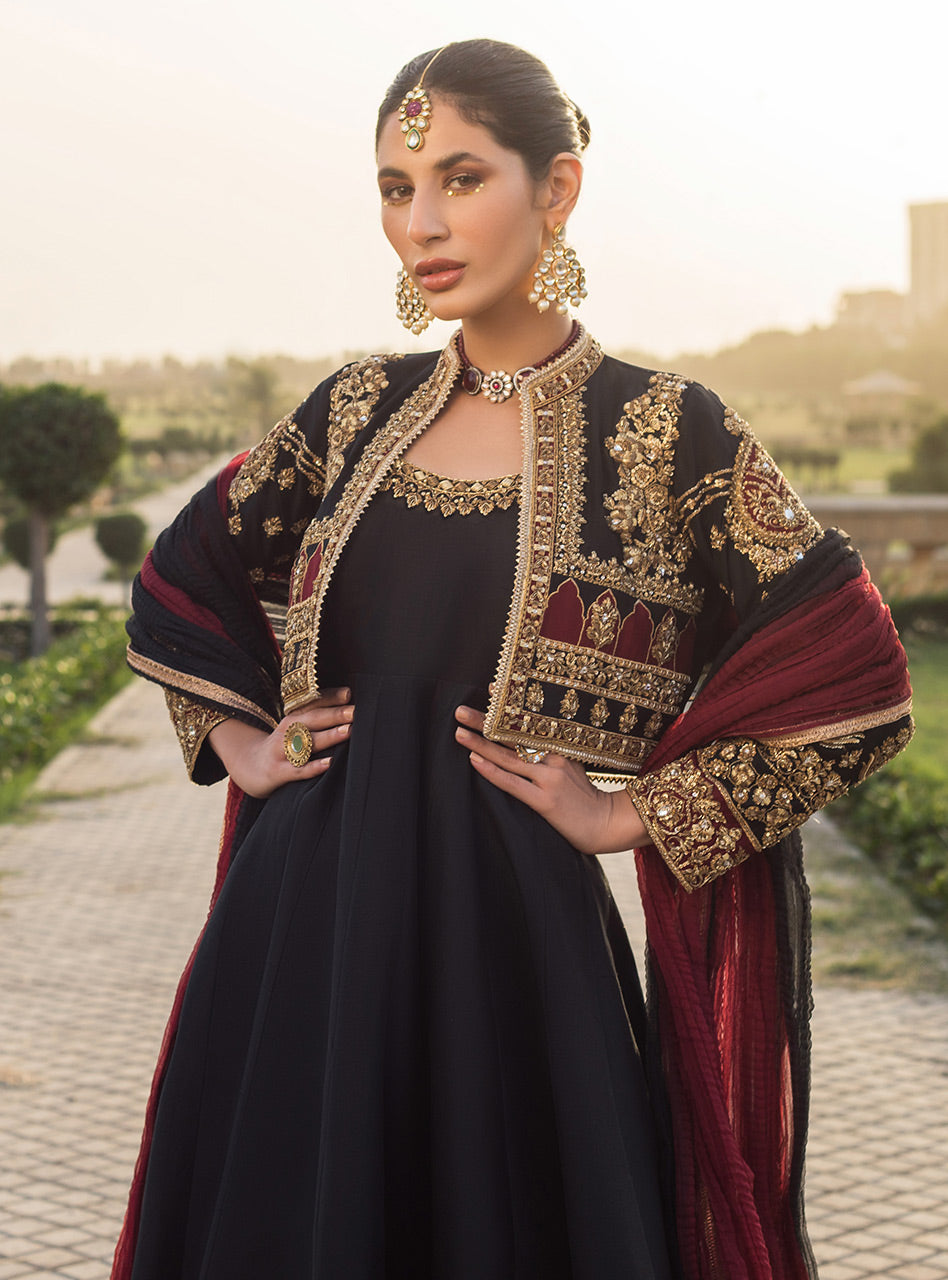 Pakistani Black Embellished Raw Silk Gown (3-Piece) - Image 10