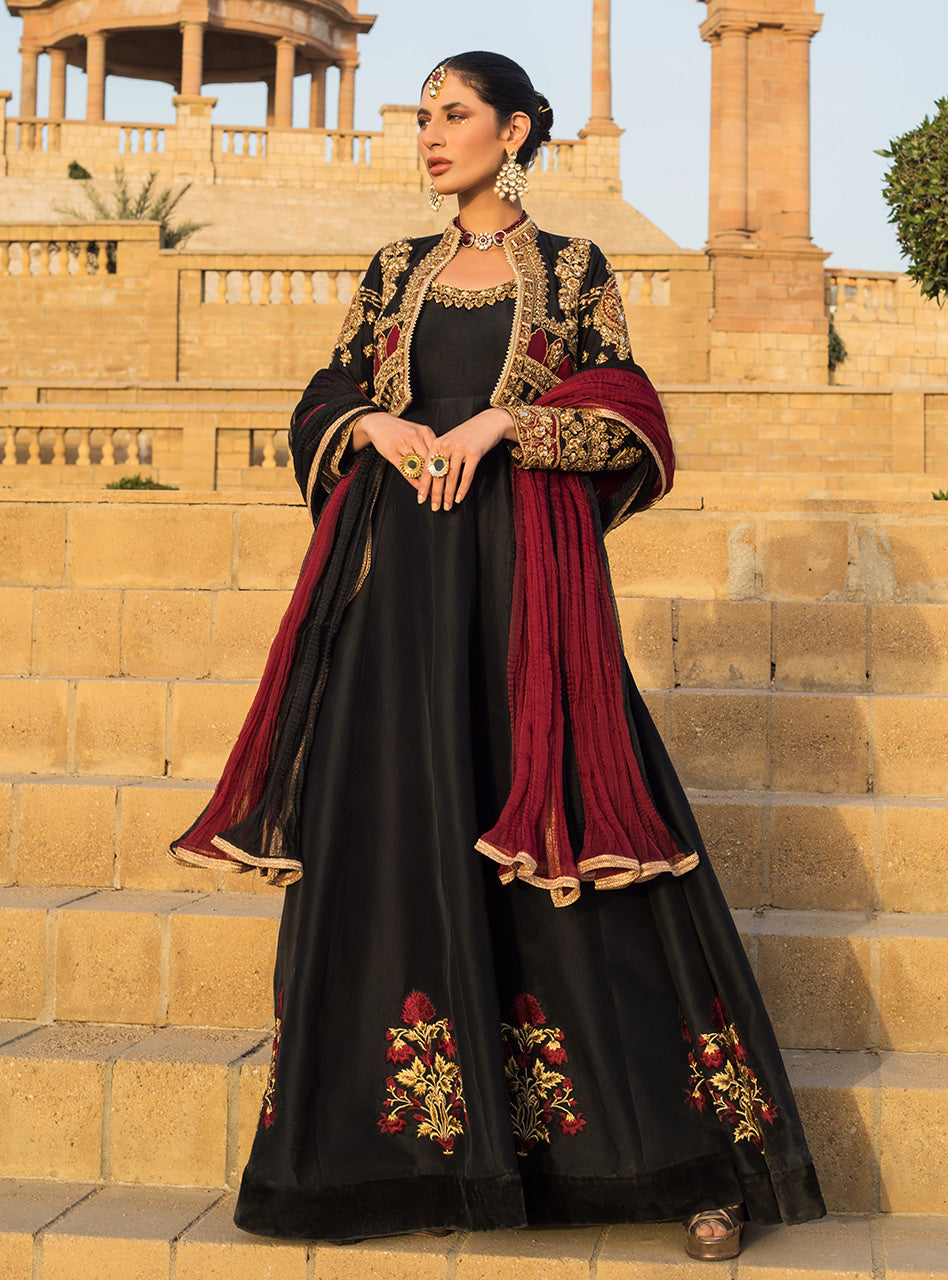 Pakistani Black Embellished Raw Silk Gown (3-Piece) - Image 11