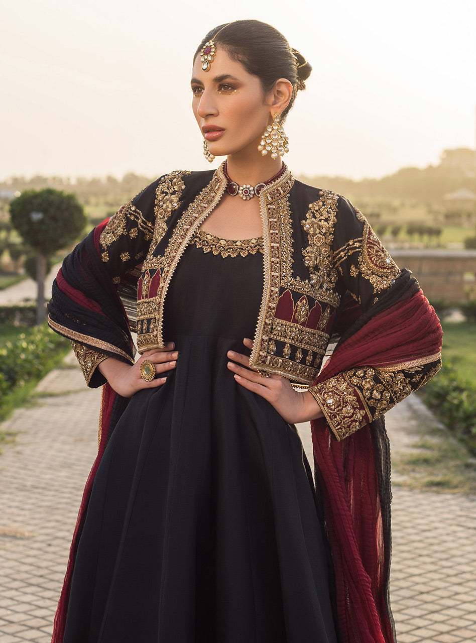 Pakistani Black Embellished Raw Silk Gown (3-Piece) - Image 12