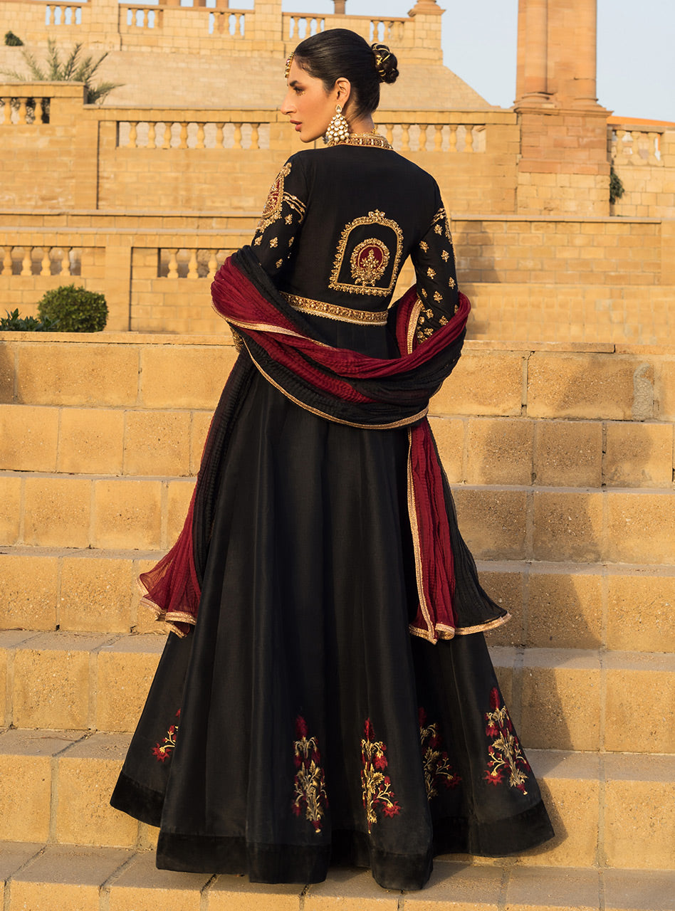 Pakistani Black Embellished Raw Silk Gown (3-Piece) - Image 7