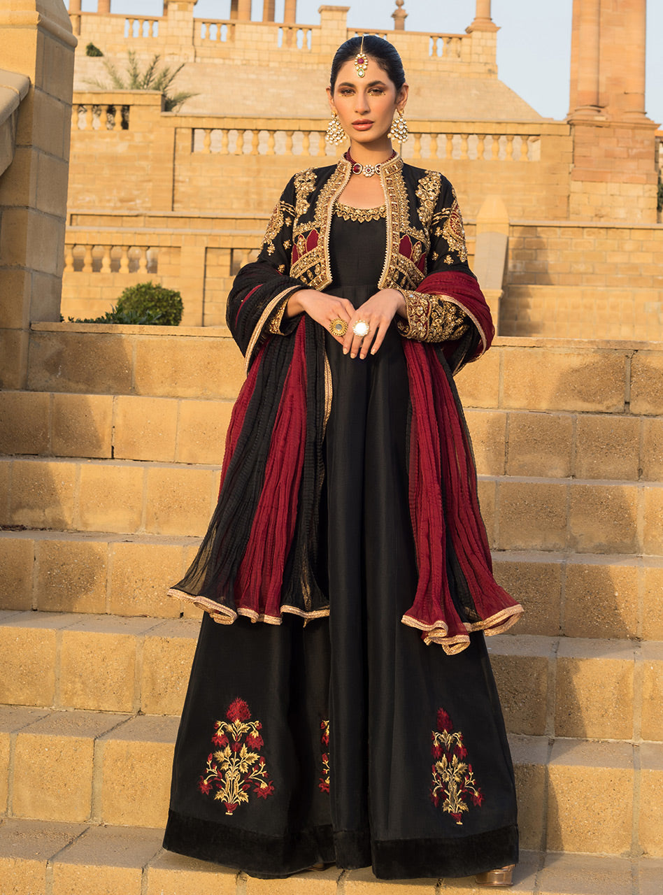 Pakistani Black Embellished Raw Silk Gown (3-Piece) - Image 8