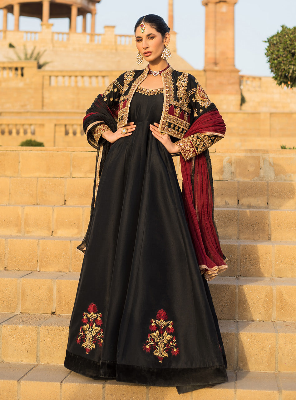 Pakistani Black Embellished Raw Silk Gown (3-Piece) - Image 9