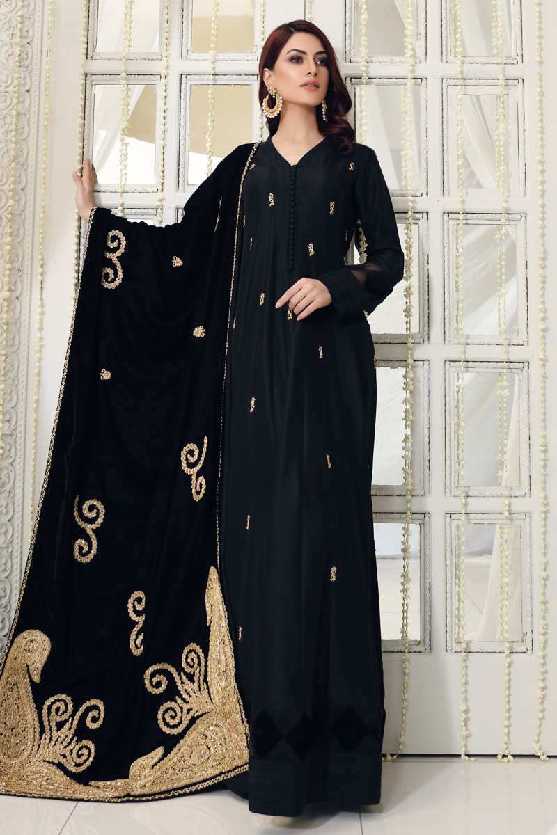 Pakistani Black Marori Embroidered Korean Raw Silk Gown (2-Piece) - Image 1