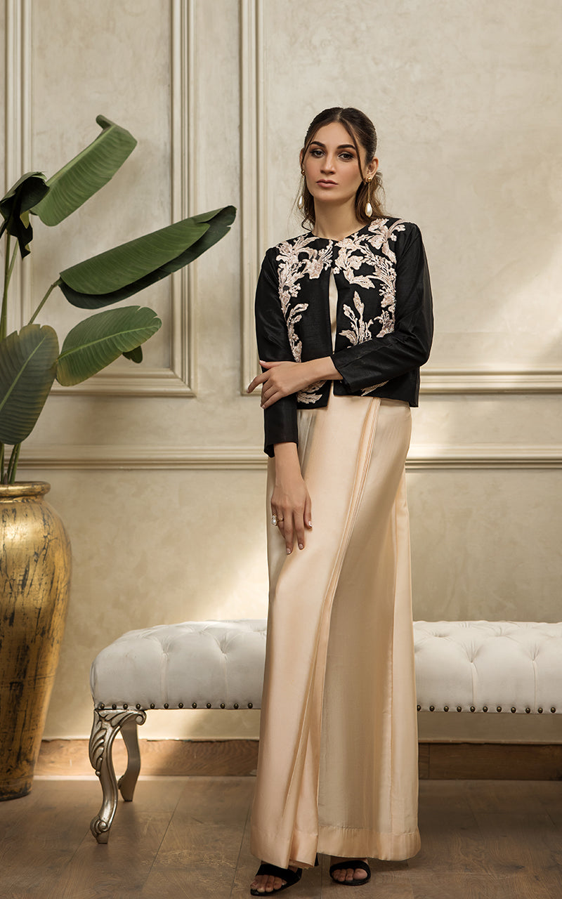 Pakistani Black Embroidered Raw Silk Jacket Gown (3-Piece) - Image 2