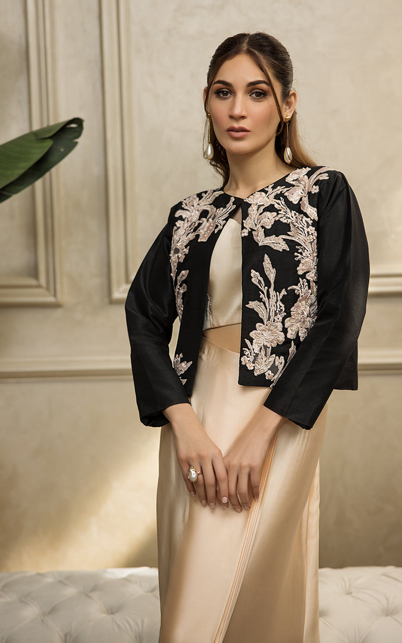 Pakistani Black Embroidered Raw Silk Jacket Gown (3-Piece) - Image 3