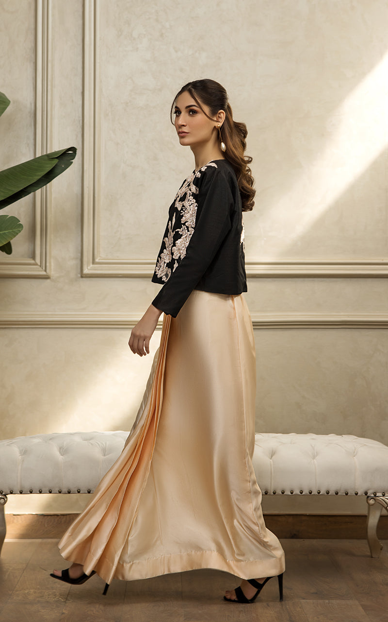 Pakistani Black Embroidered Raw Silk Jacket Gown (3-Piece) - Image 4