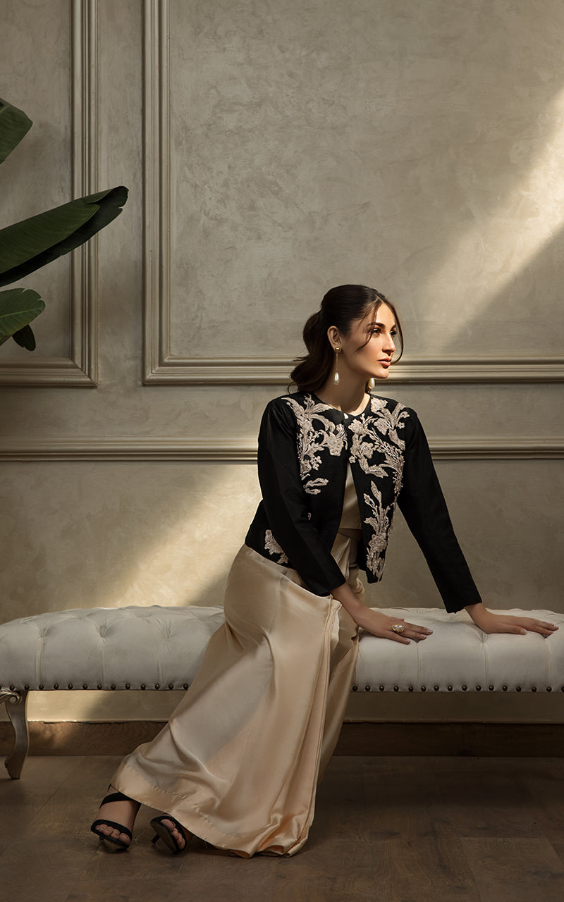 Pakistani Black Embroidered Raw Silk Jacket Gown (3-Piece) - Image 6