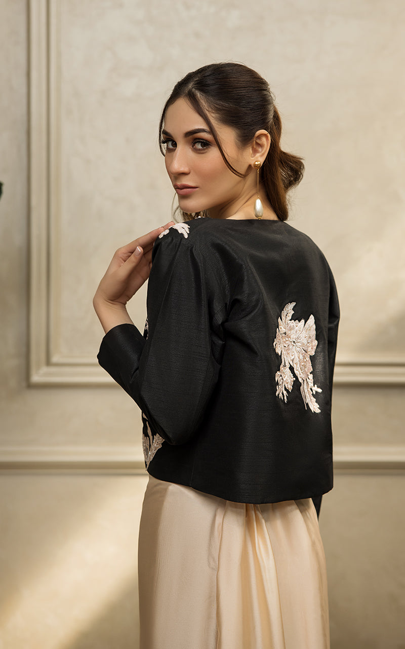 Pakistani Black Embroidered Raw Silk Jacket Gown (3-Piece) - Image 7