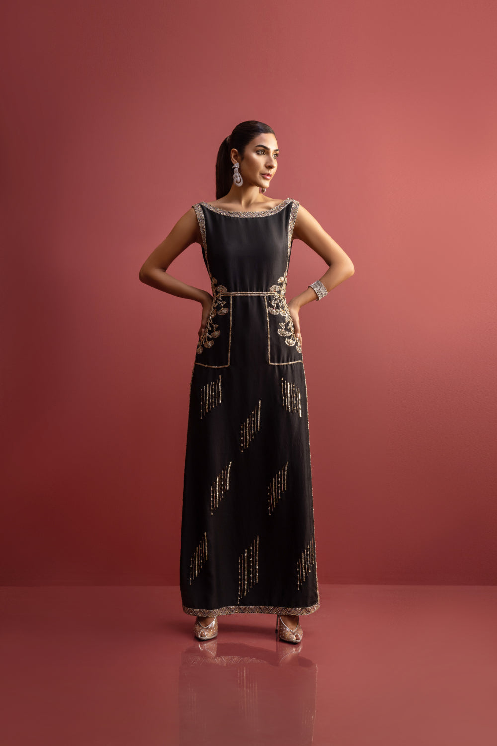 Pakistani Black Embellished Pure Raw Silk Gown (2-Piece) - Image 1