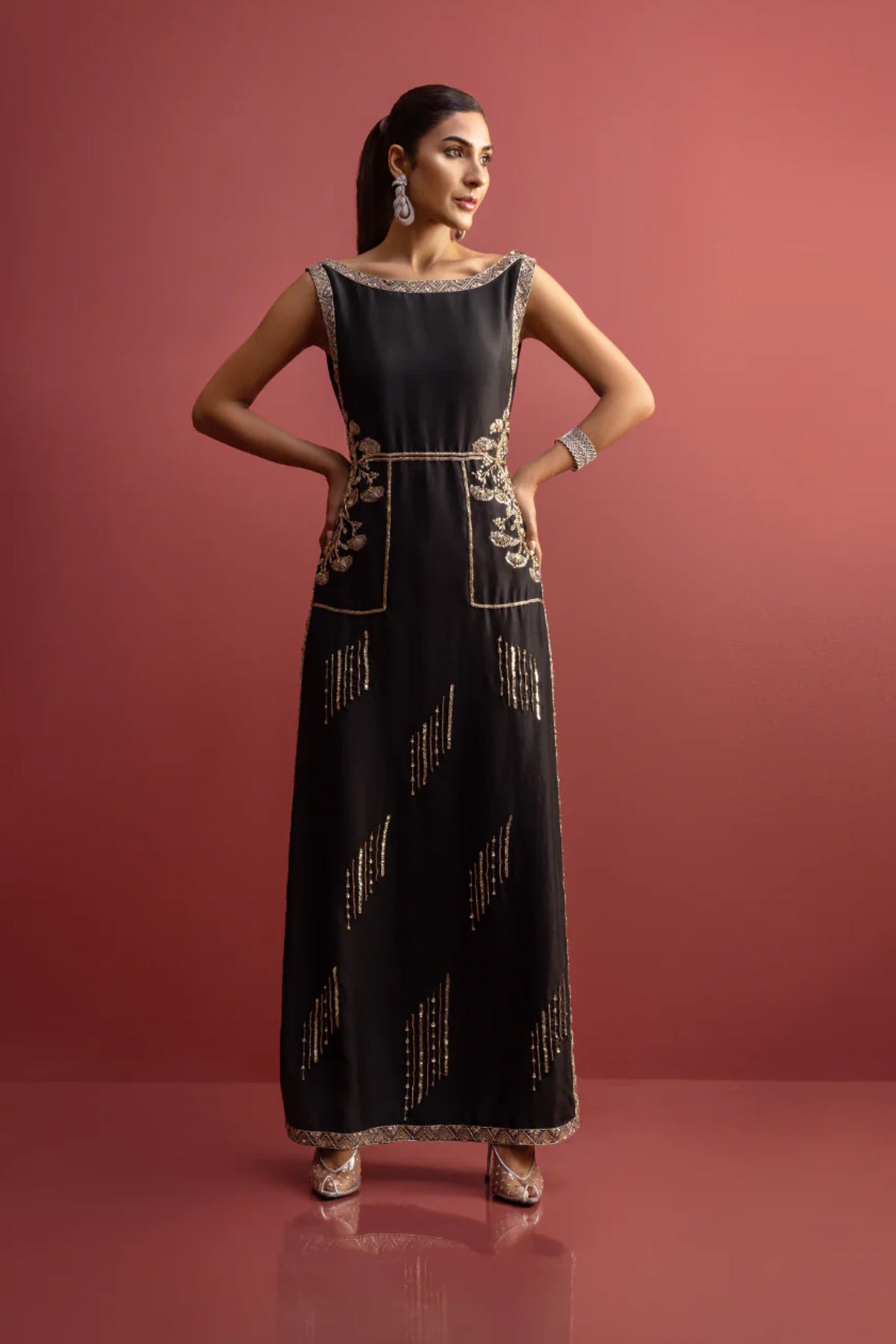 Pakistani Black Swarovski Embellished Pure Raw Silk Gown (2-Piece) - Image 1