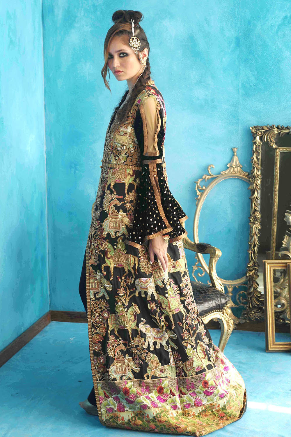 Black Zardozi Embroidered Silk & Palachi Gown (2-Piece) - Image 5