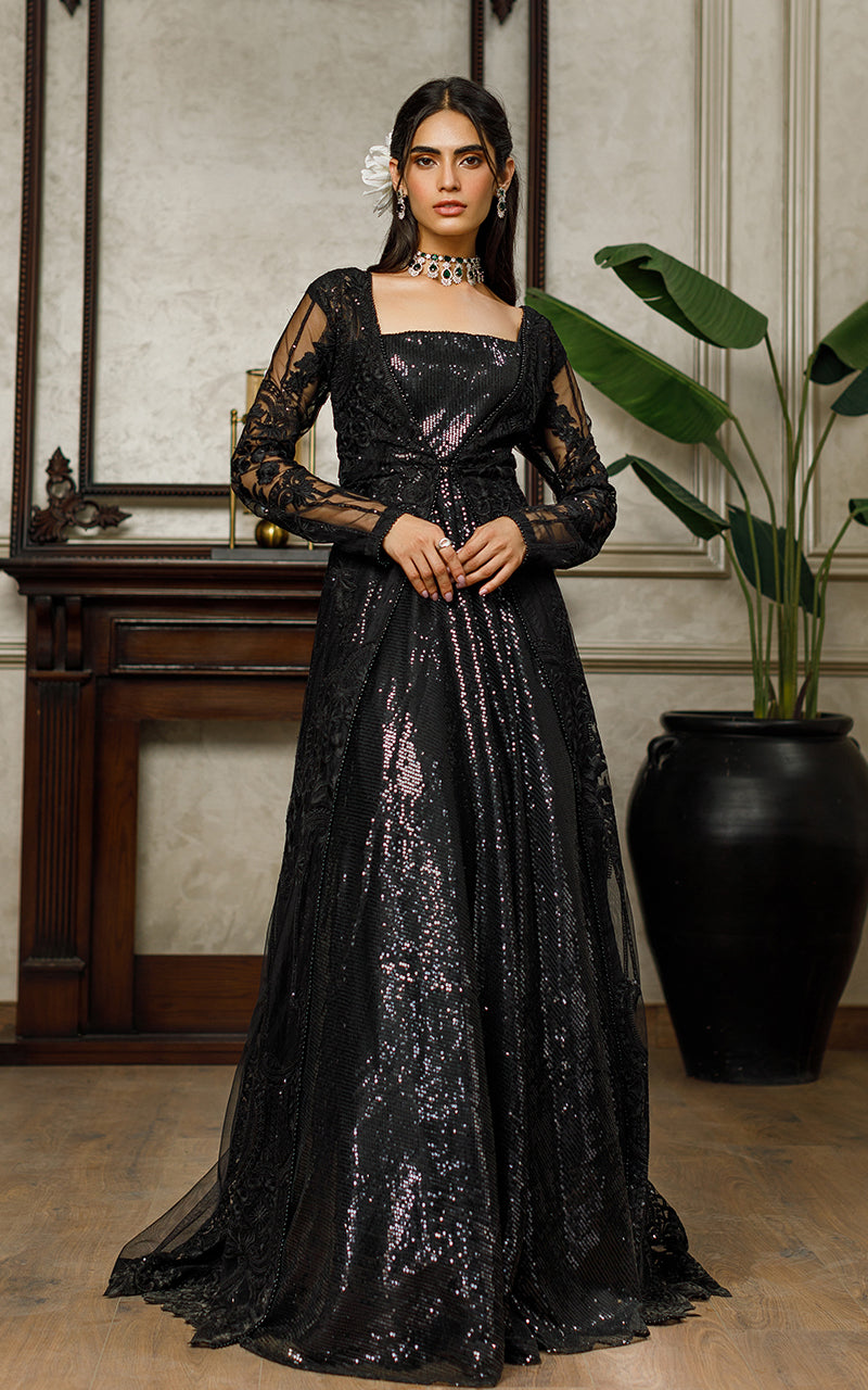 Black Embroidered Net Jacket with Sequinned Maxi (2-Piece) - Image 1