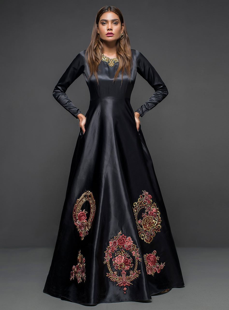 Black Embroidered Silk Gown (1-Pc) - Image 1
