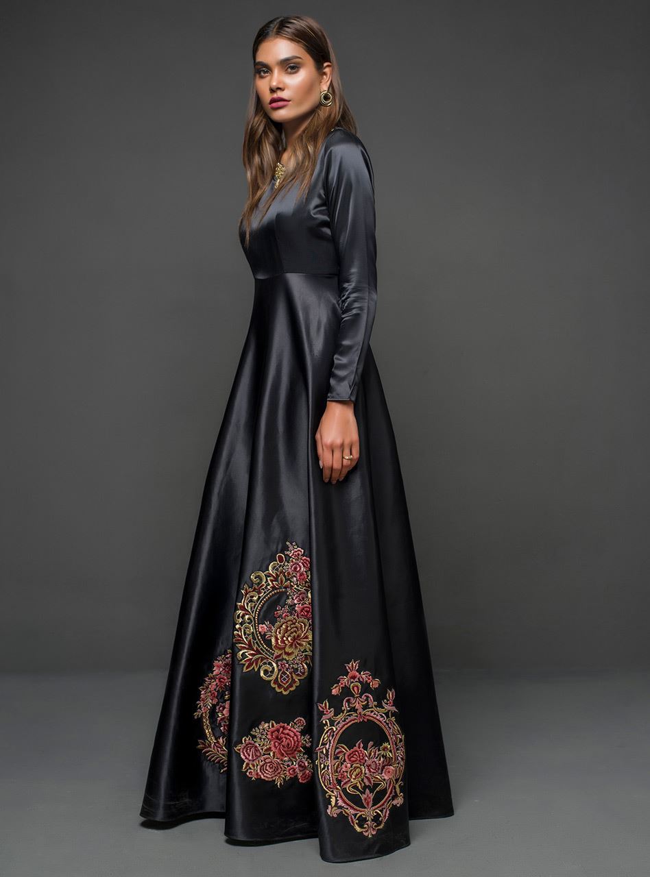 Black Embroidered Silk Gown (1-Pc) - Image 2