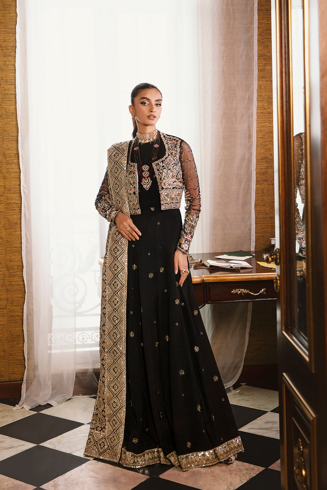 Pakistani Black Embellished Net and Silk Gown (3-Piece) - Image 1