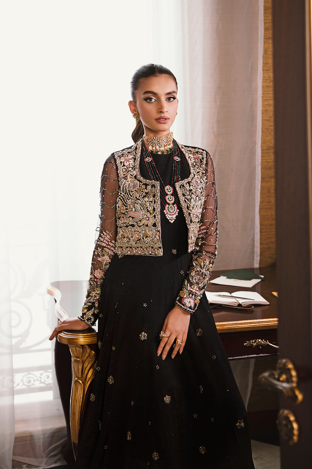 Pakistani Black Embellished Net and Silk Gown (3-Piece) - Image 2