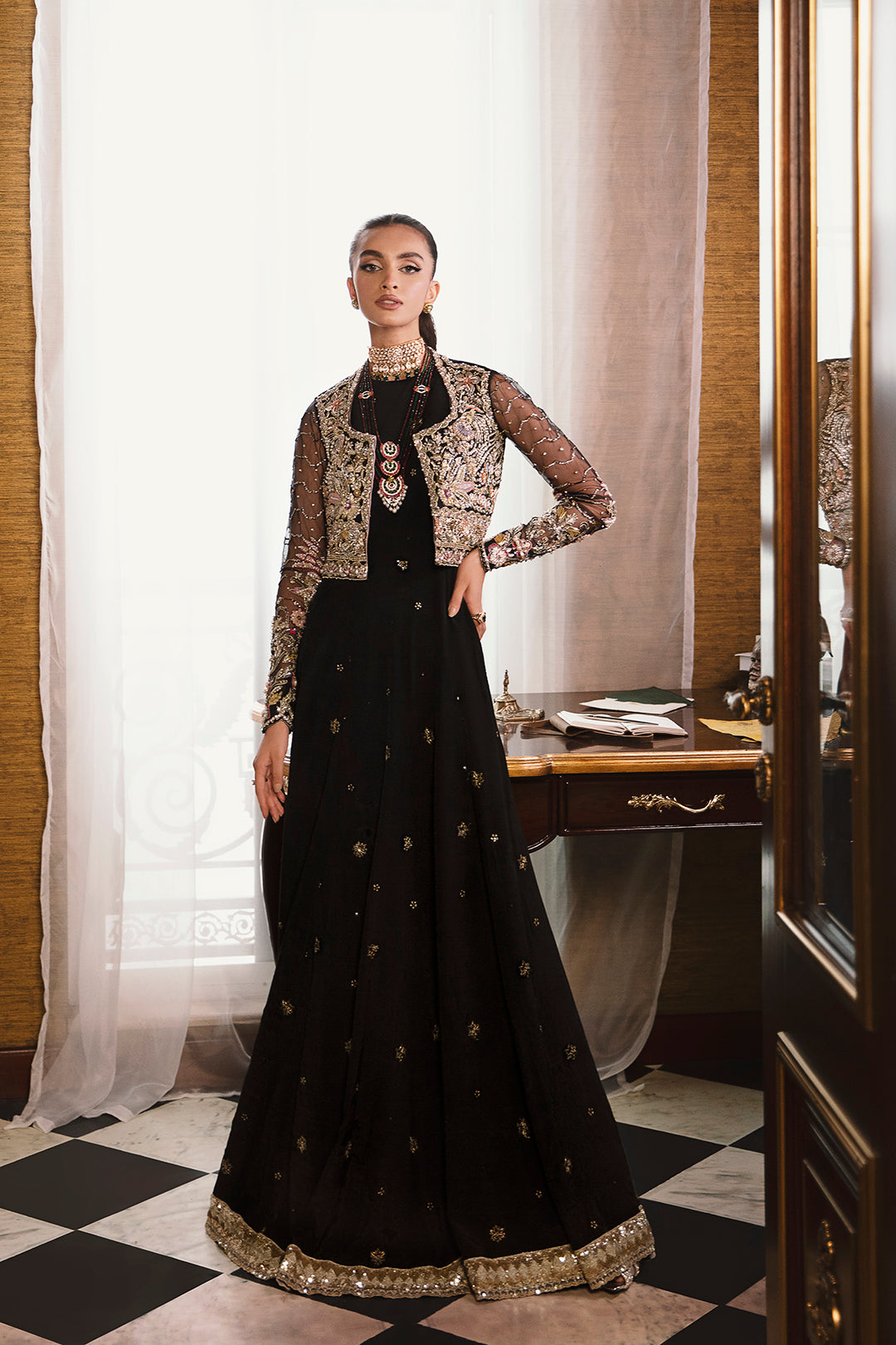 Pakistani Black Embellished Net and Silk Gown (3-Piece) - Image 3