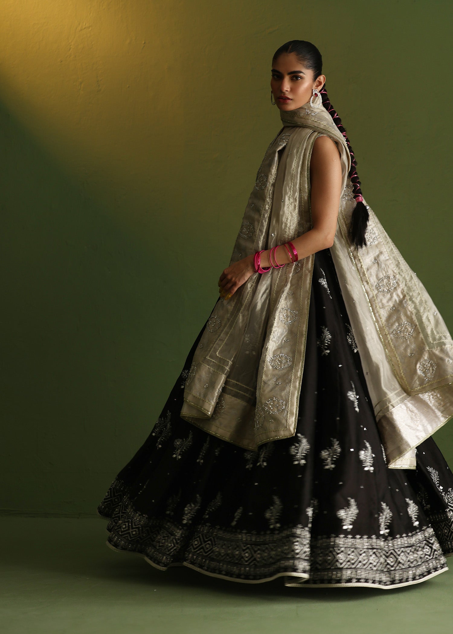 Black Embroidered Pure Silk Gown (2-Piece) - Image 10