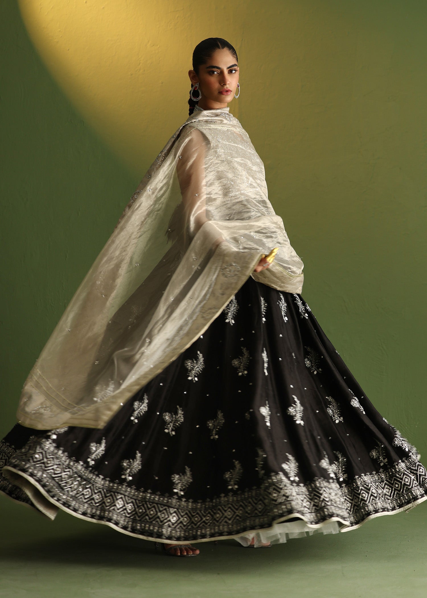 Black Embroidered Pure Silk Gown (2-Piece) - Image 11