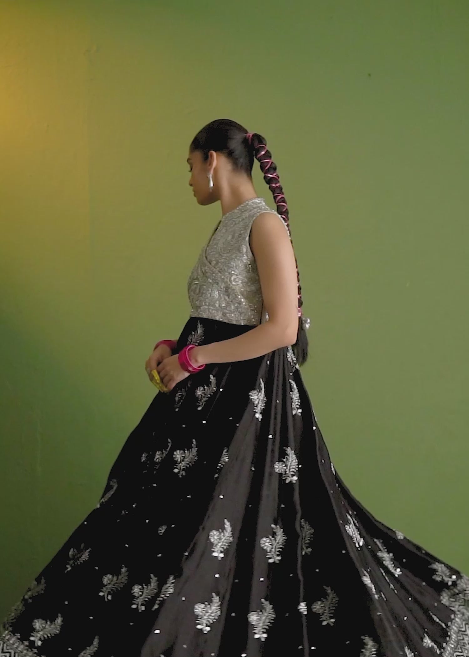 Black Embroidered Pure Silk Gown (2-Piece) - Image 13