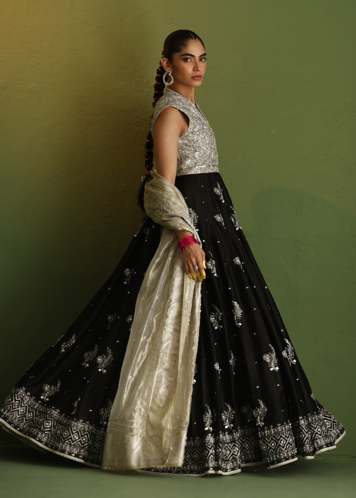 Black Embroidered Pure Silk Gown (2-Piece) - Image 4