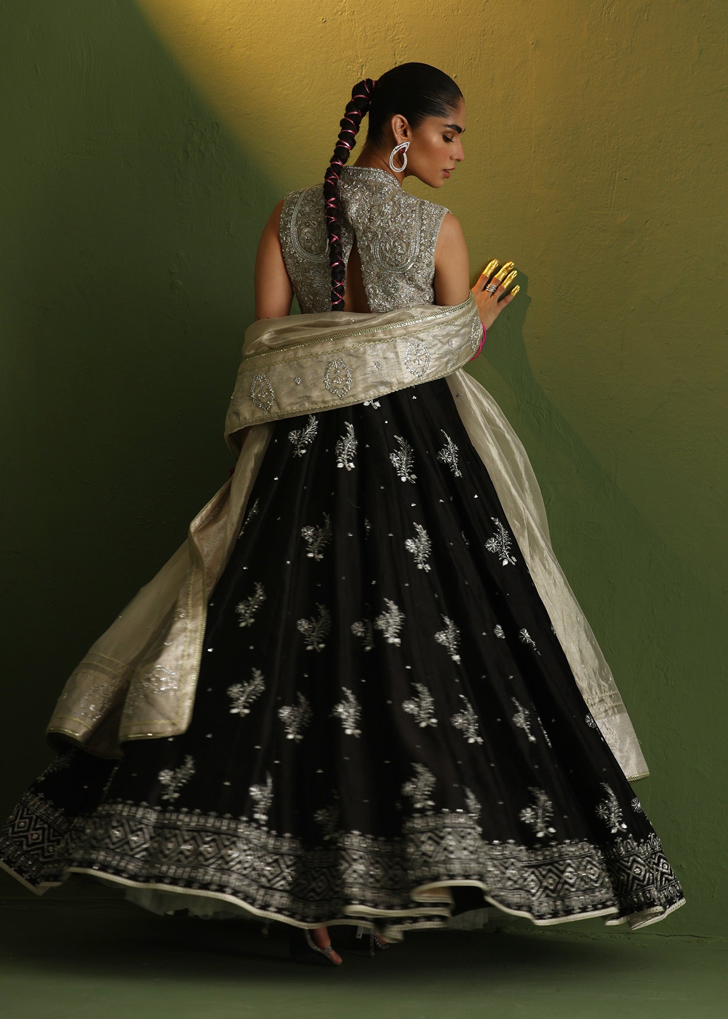 Black Embroidered Pure Silk Gown (2-Piece) - Image 5