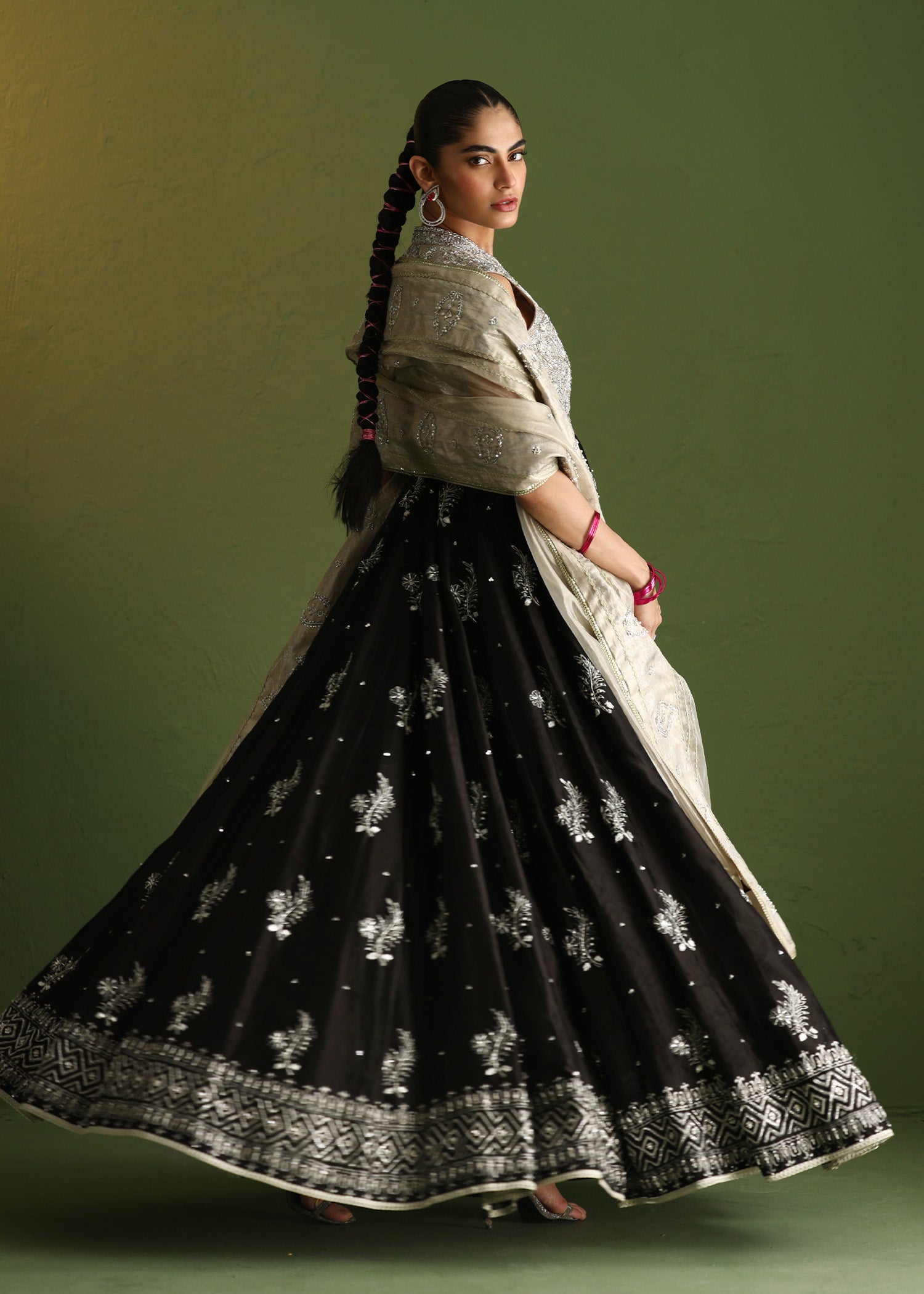 Black Embroidered Pure Silk Gown (2-Piece) - Image 6