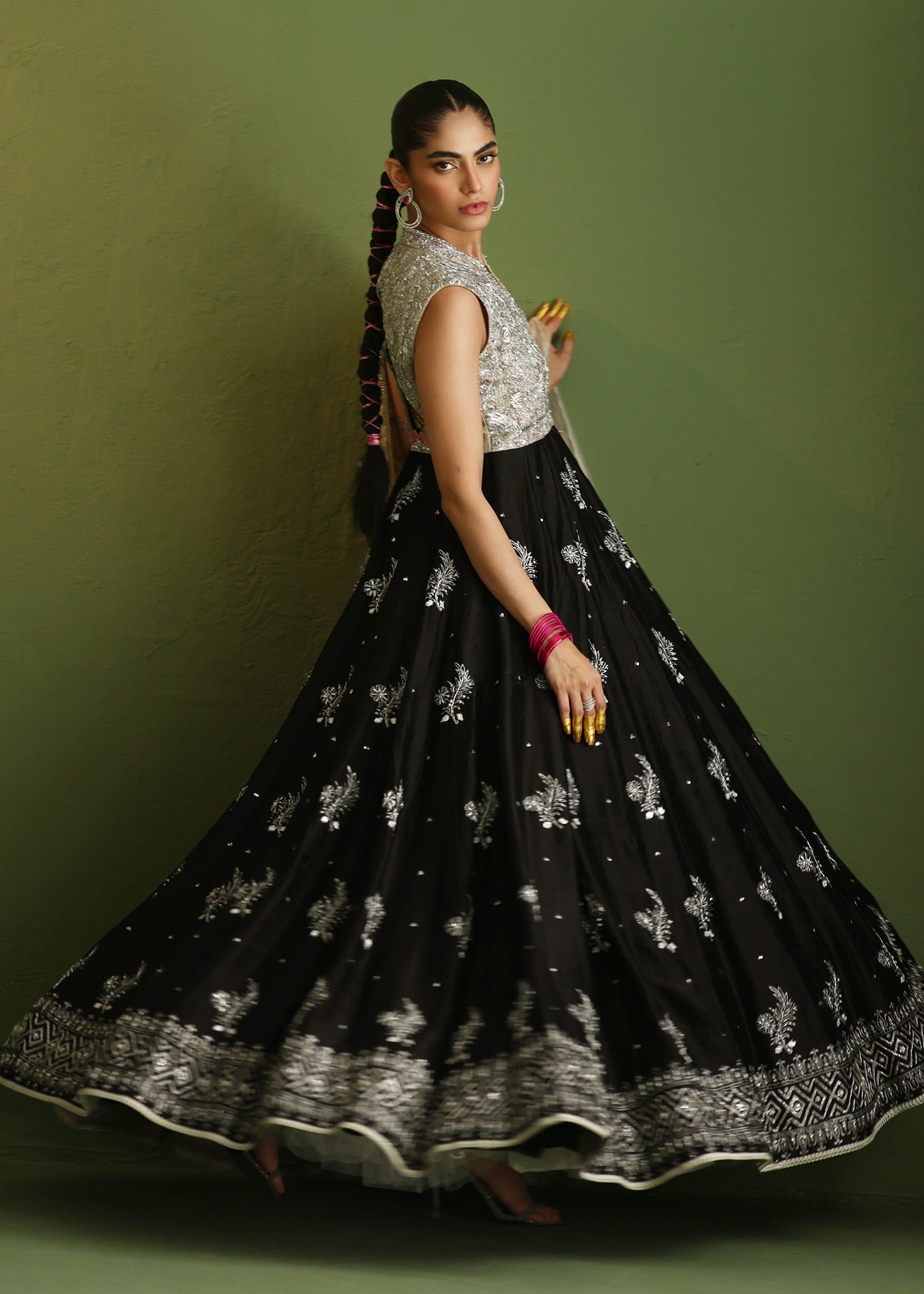 Black Embroidered Pure Silk Gown (2-Piece) - Image 7