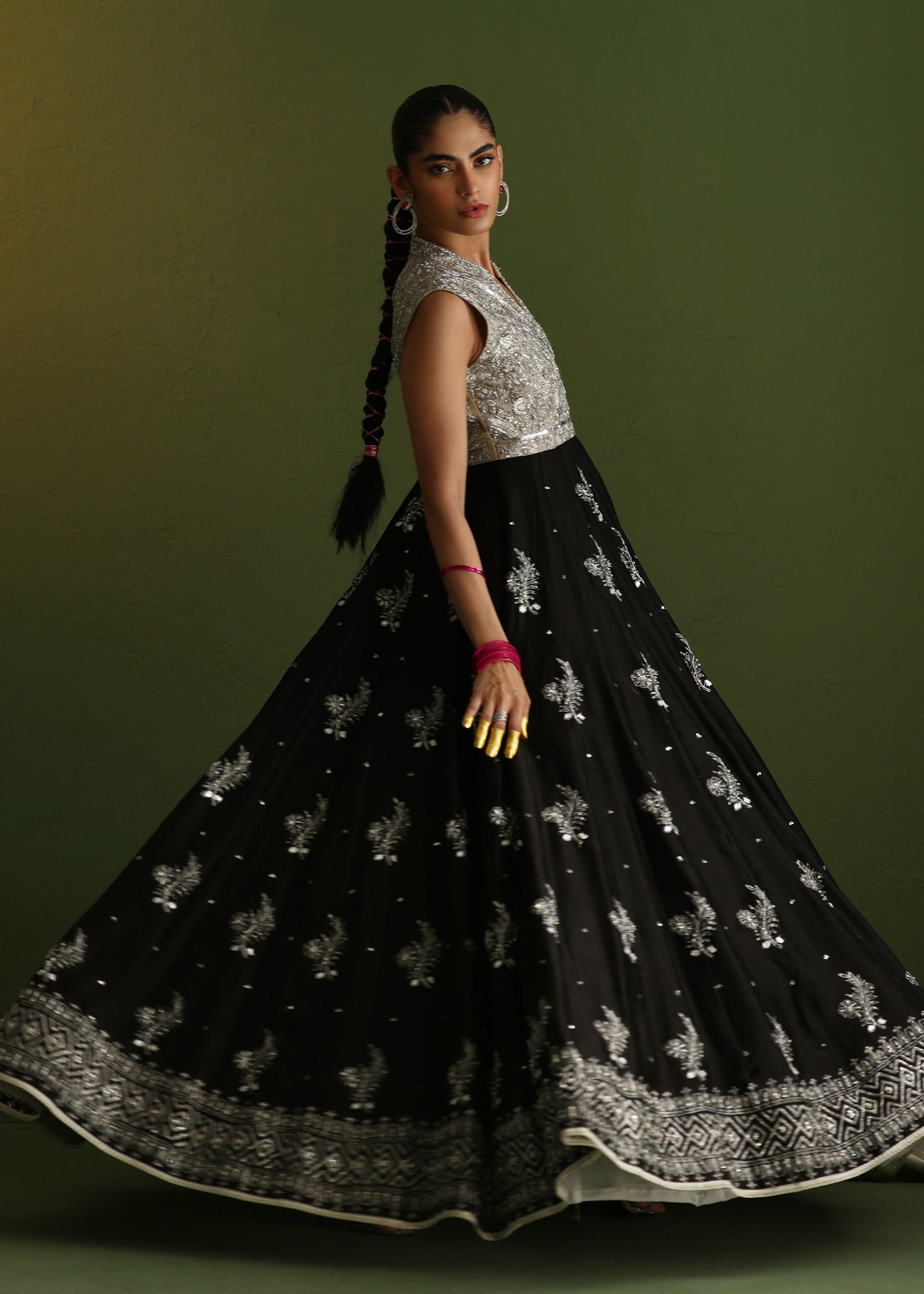 Black Embroidered Pure Silk Gown (2-Piece) - Image 8