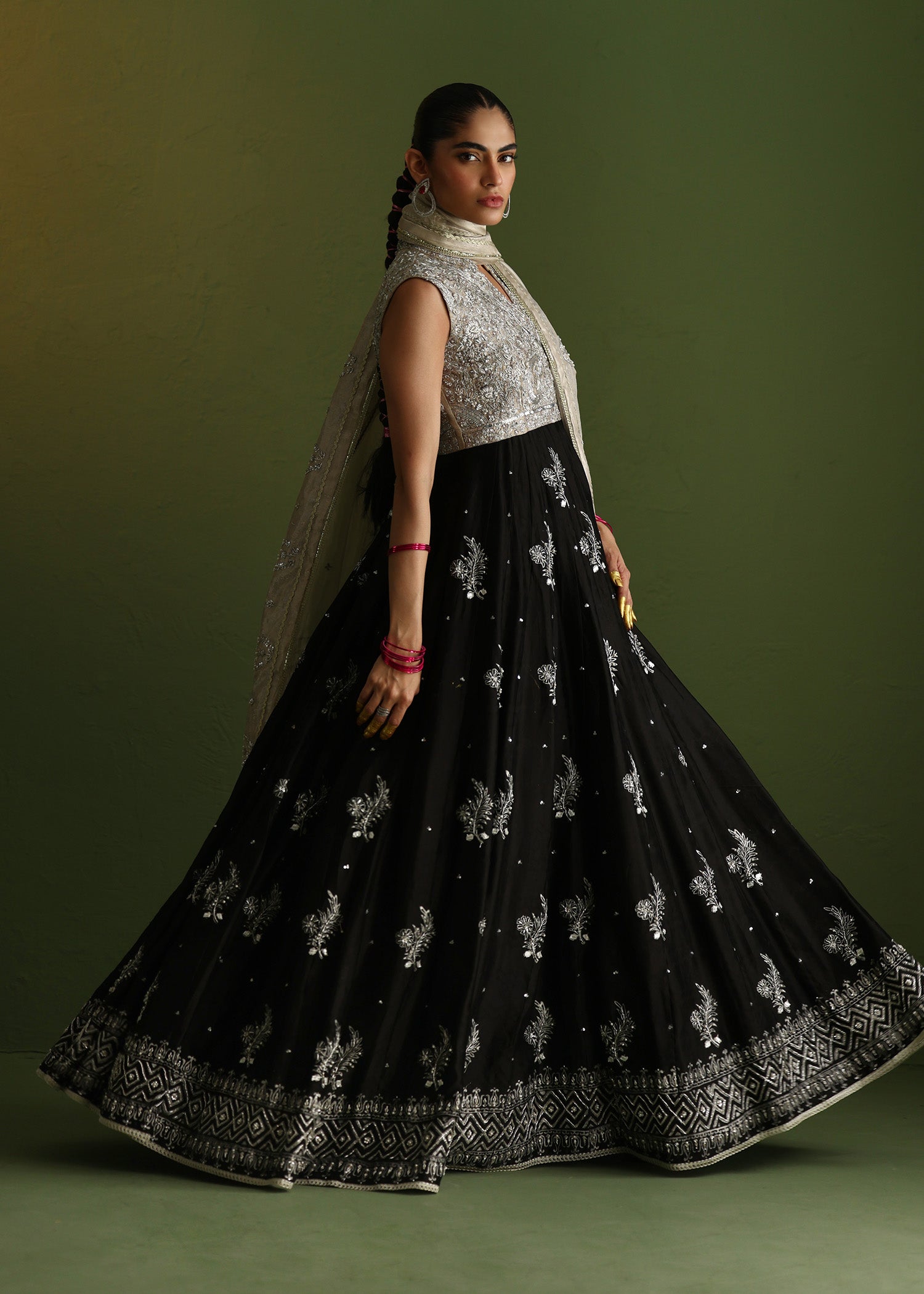 Black Embroidered Pure Silk Gown (2-Piece) - Image 9