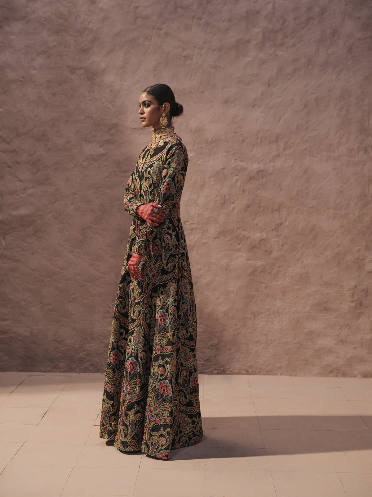 Black Multi-Toned Embroidered Silk Gown (1-Pc) - Image 2