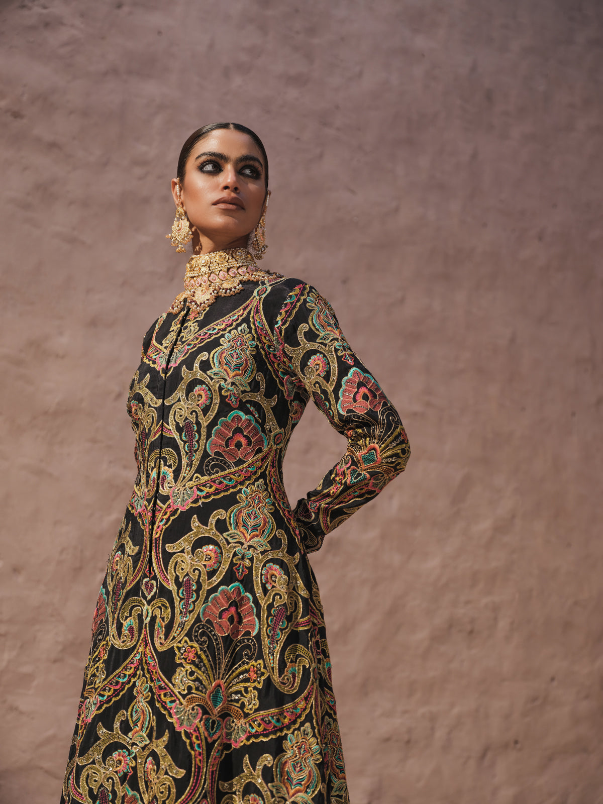 Black Multi-Toned Embroidered Silk Gown (1-Pc) - Image 4