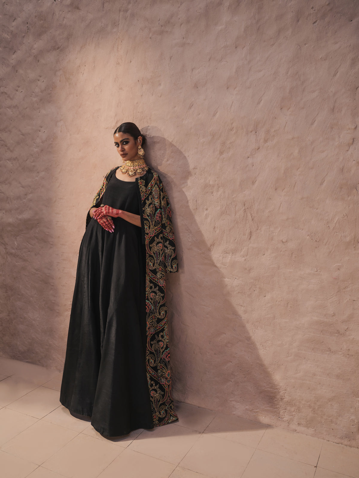 Black Multi-Toned Embroidered Silk Gown (1-Pc) - Image 6