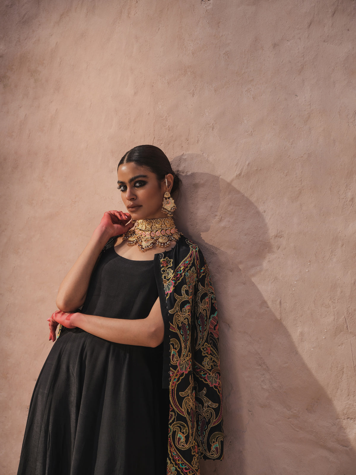 Black Multi-Toned Embroidered Silk Gown (1-Pc) - Image 7