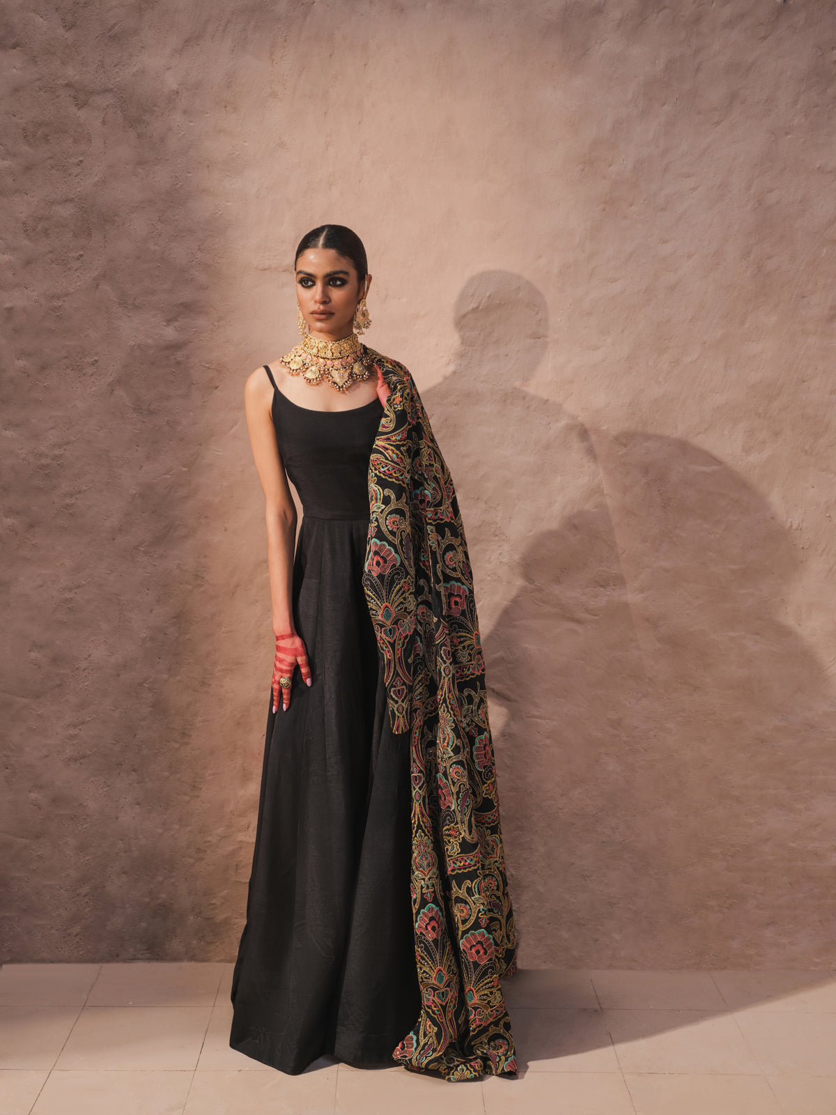 Black Multi-Toned Embroidered Silk Gown (1-Pc) - Image 9