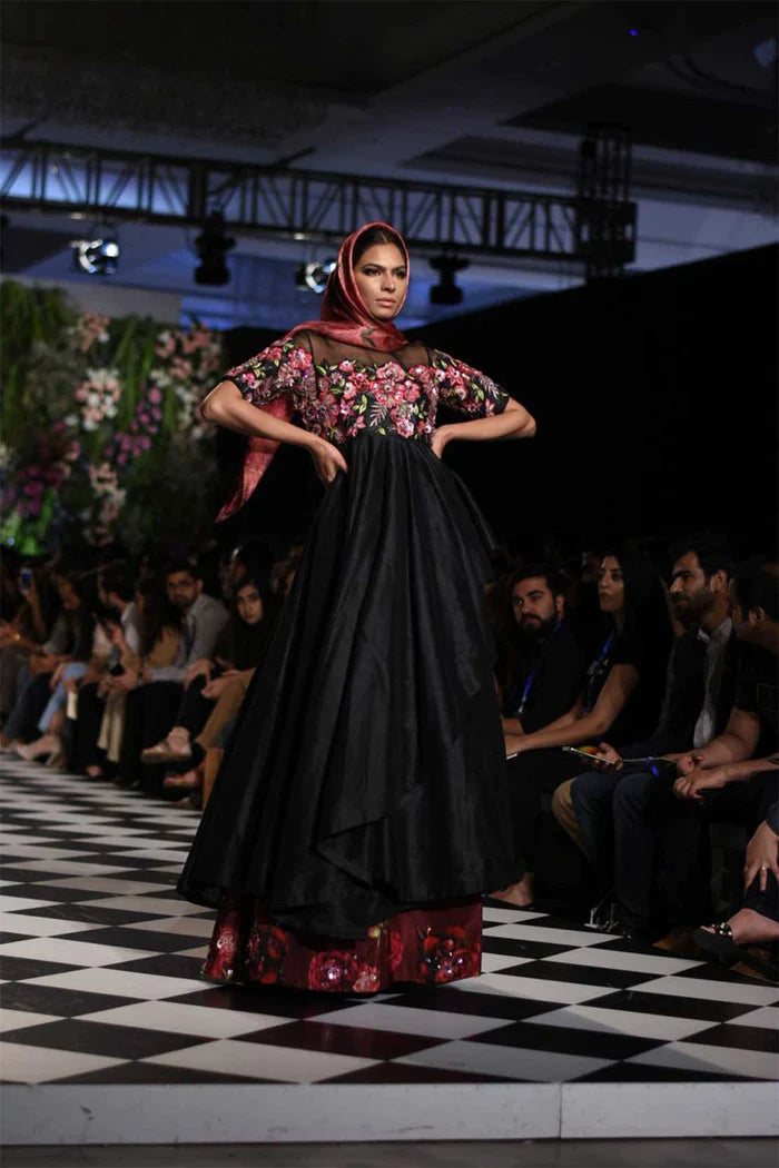 Black Burgundy Floral Embroidered Taffeta Gown (2-Piece) - Image 1