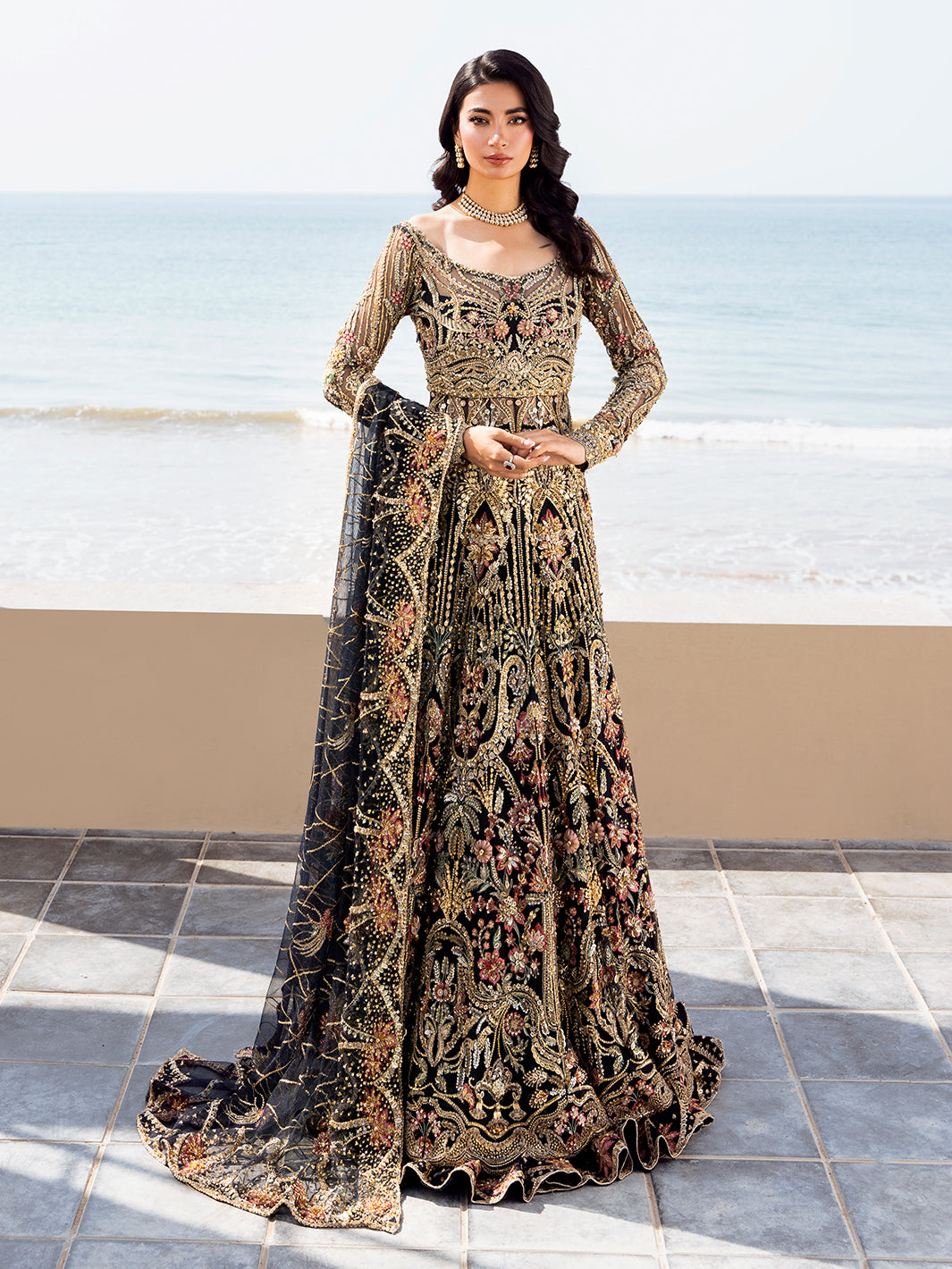 Black Embroidered Tulle Gown (2-Piece) - Image 1