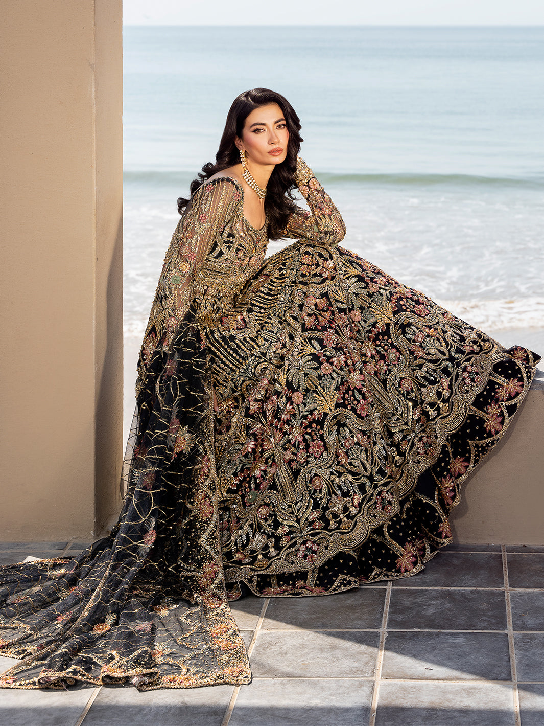 Black Embroidered Tulle Gown (2-Piece) - Image 6