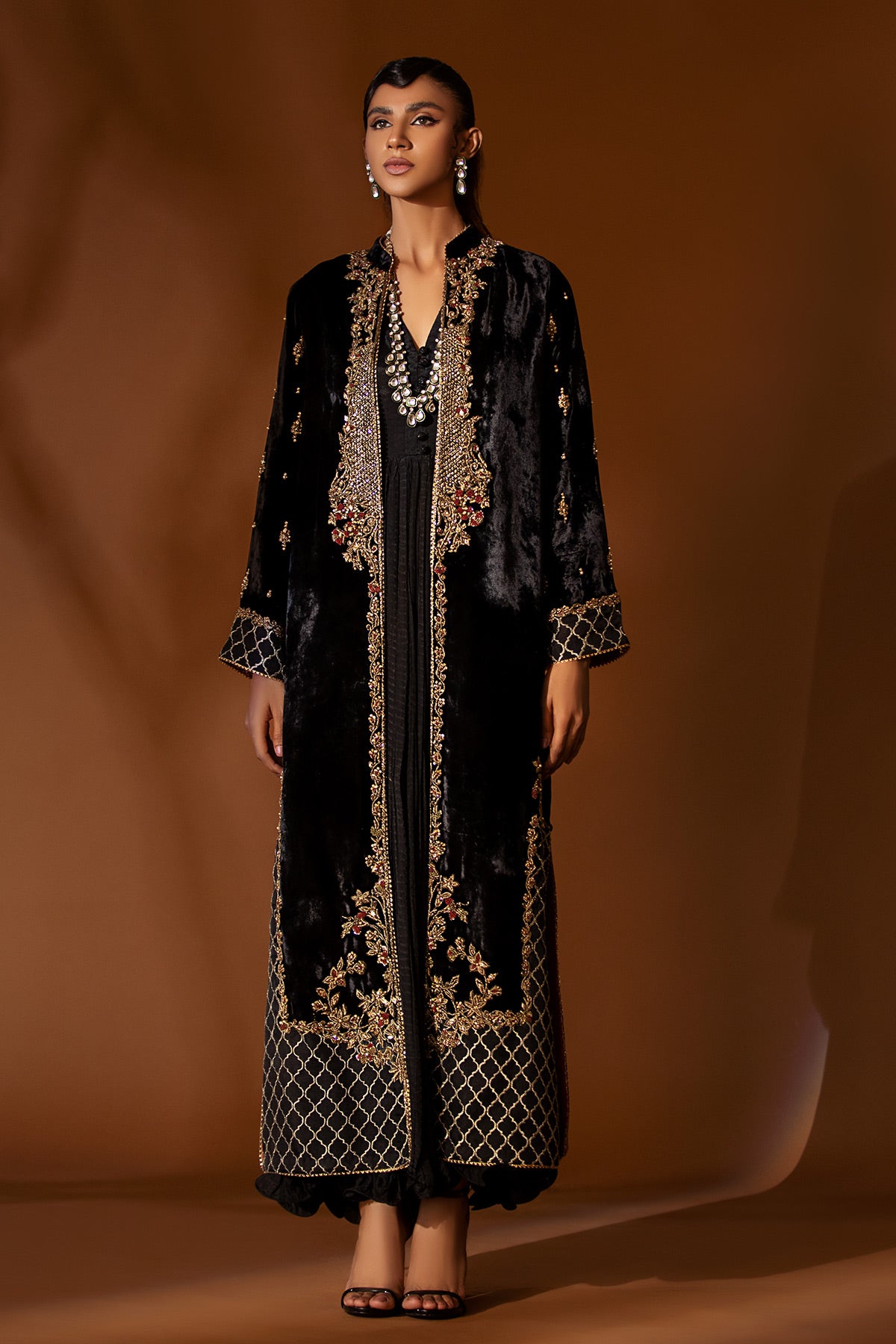Black Embroidered Velvet Gown (2-Piece) - Image 1
