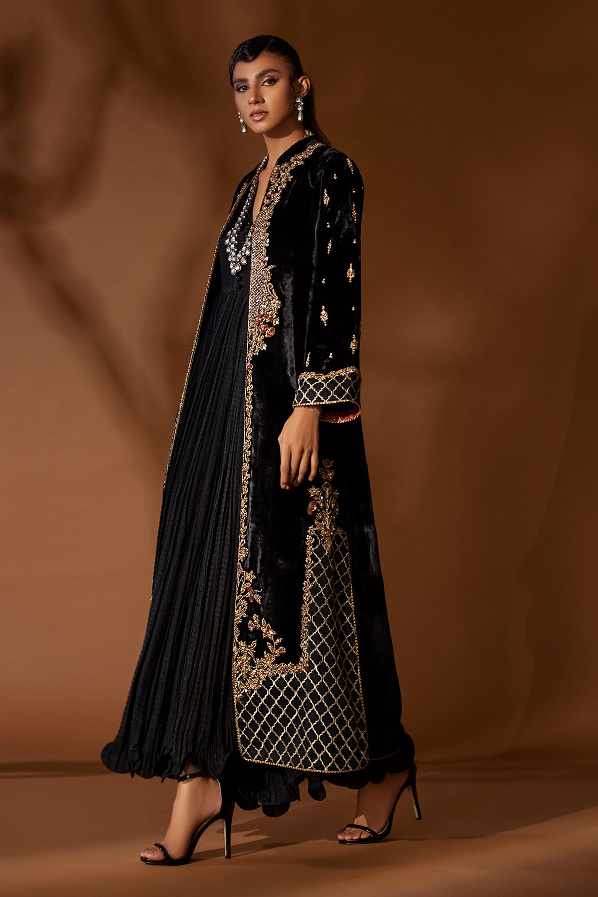Black Embroidered Velvet Gown (2-Piece) - Image 2