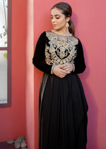 Pakistani Black Metallic Embroidered Velvet & Grip Saree Gown (1-Pc) - Image 3