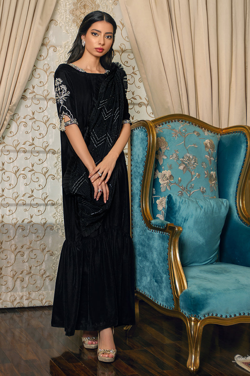 Black Embroidered Velvet Gown with Saree Drape (1-Pc) - Image 1