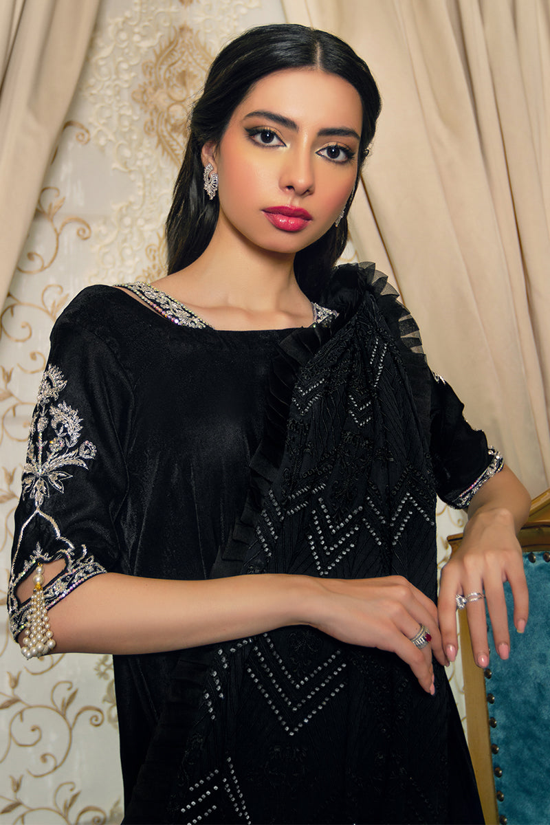 Black Embroidered Velvet Gown with Saree Drape (1-Pc) - Image 2