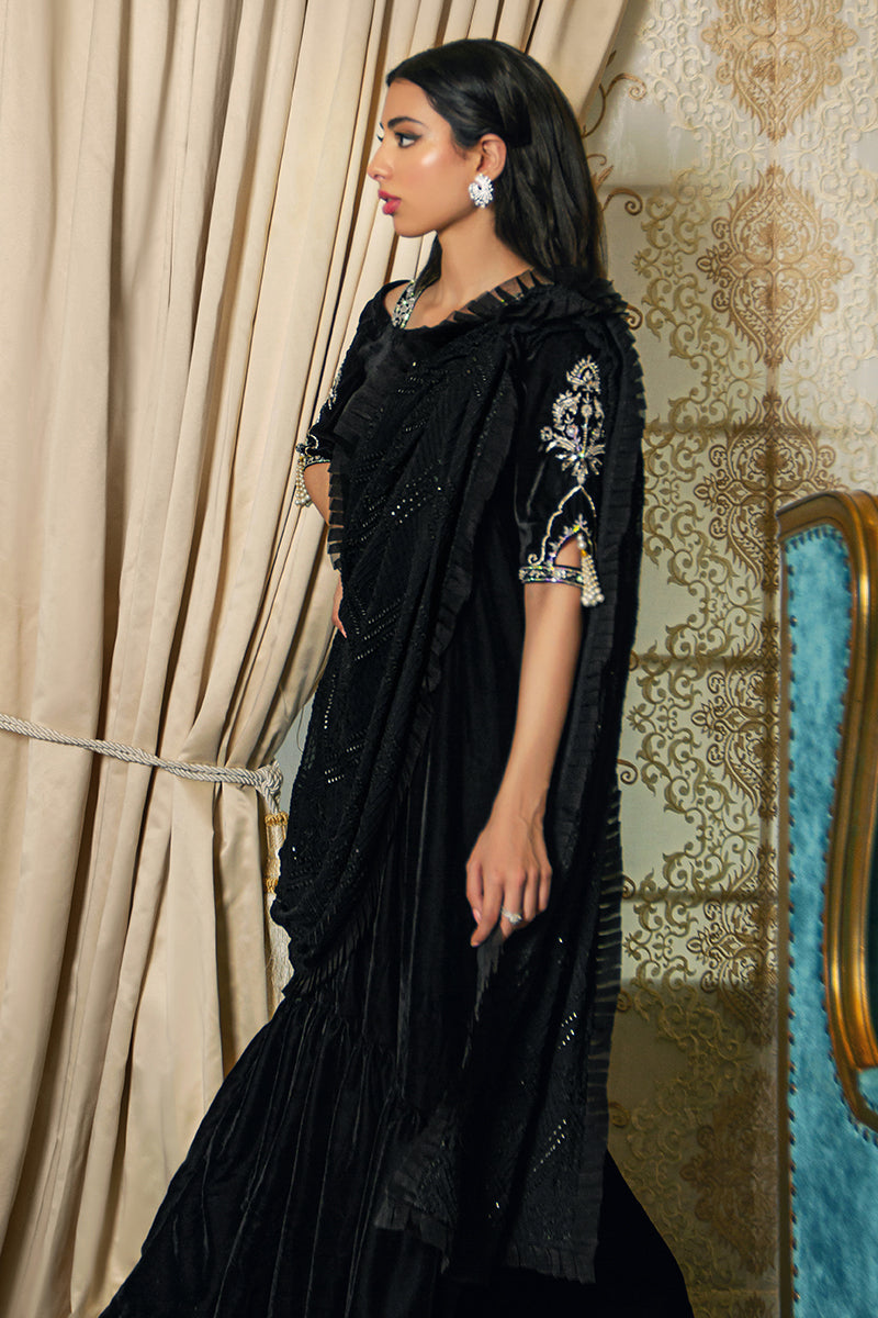 Black Embroidered Velvet Gown with Saree Drape (1-Pc) - Image 3