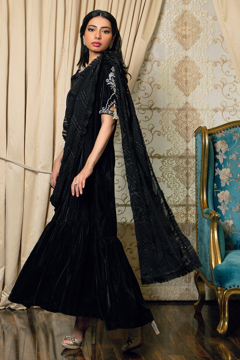 Black Embroidered Velvet Gown with Saree Drape (1-Pc) - Image 4