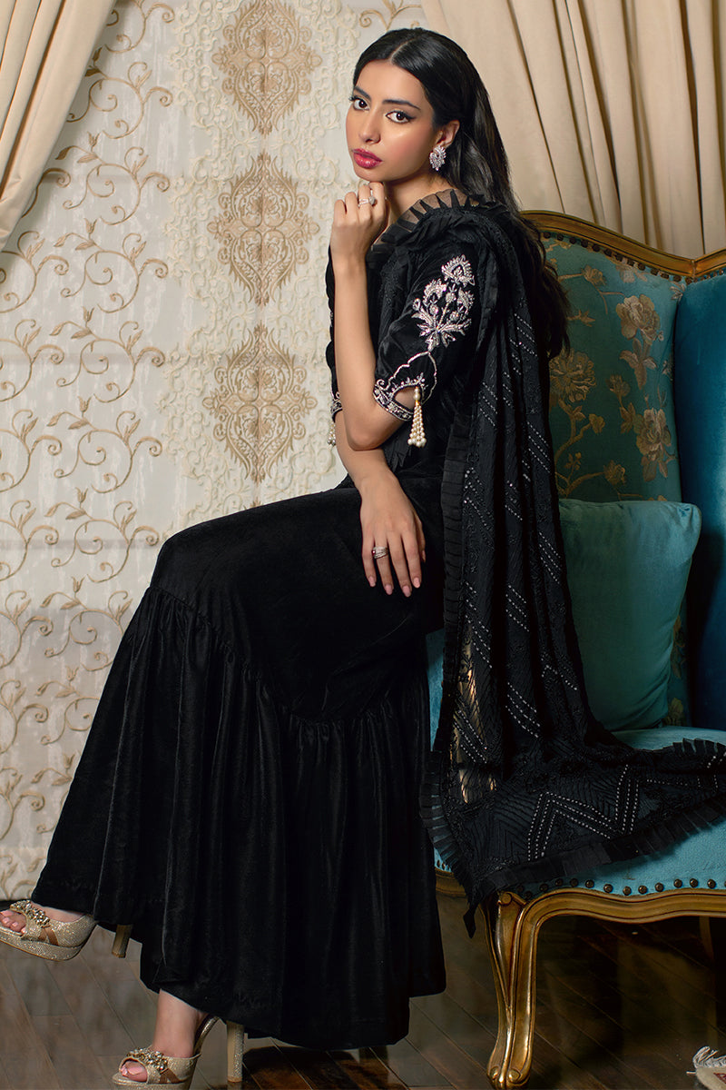 Black Embroidered Velvet Gown with Saree Drape (1-Pc) - Image 5