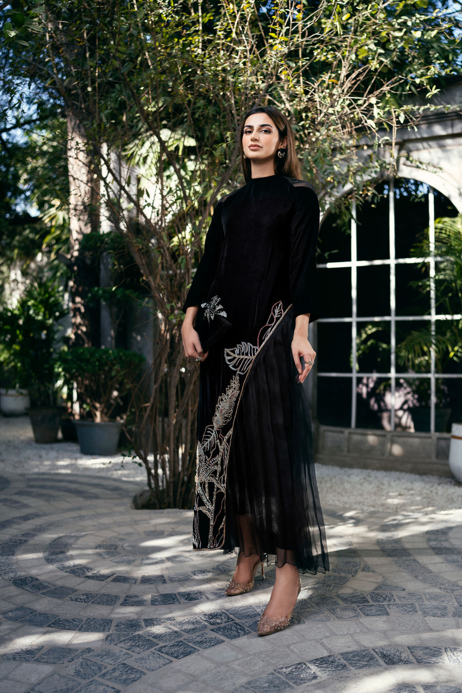 Black Swarovski Embellished Velvet Organza Gown (1-Pc) - Image 1