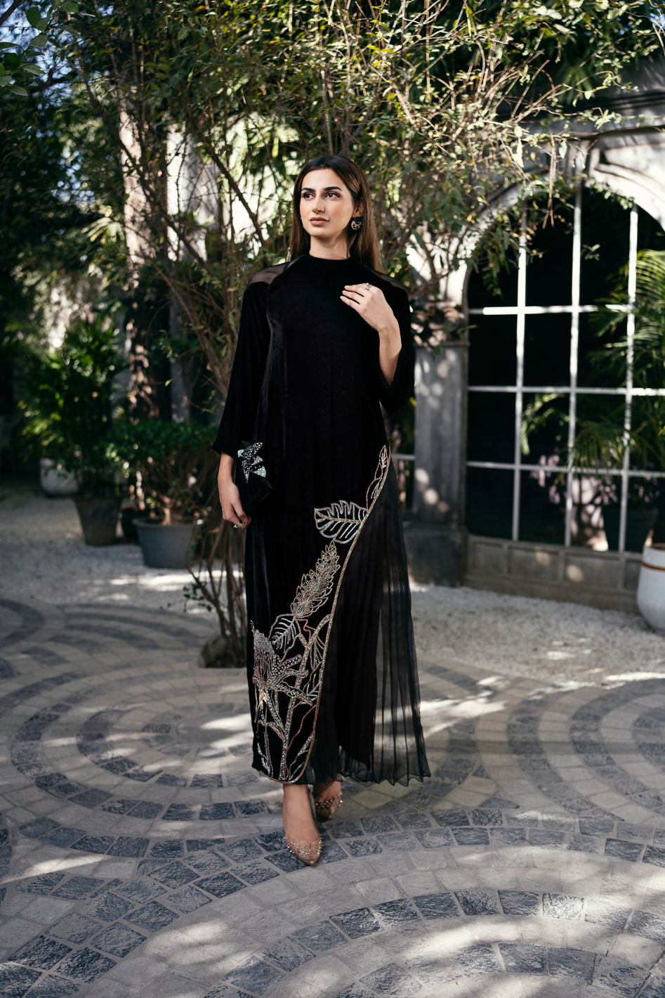 Black Swarovski Embellished Velvet Organza Gown (1-Pc) - Image 3