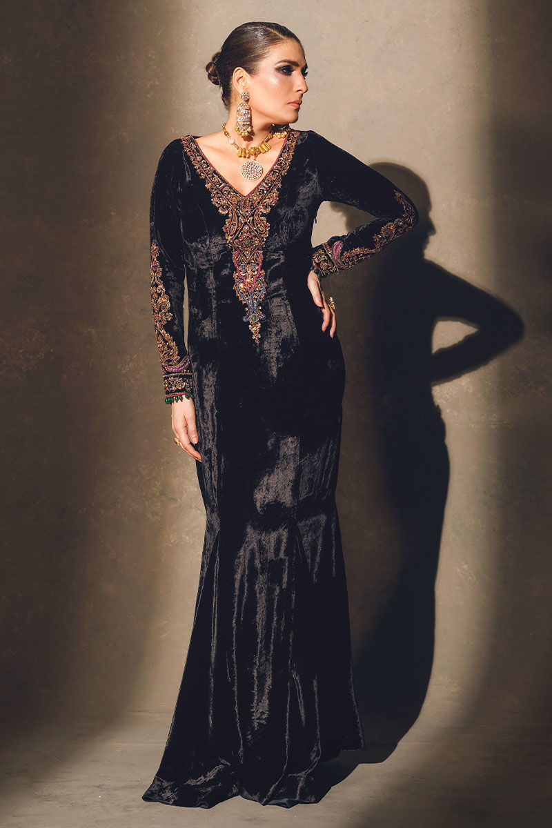 Black Embroidered Velvet Gown (1-Pc) - Image 1